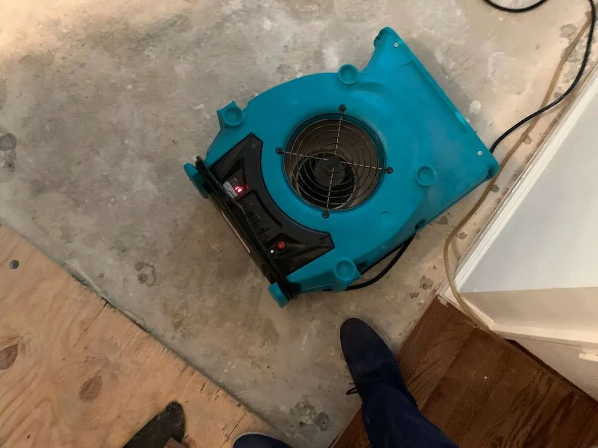 Air mover drying subfloor during Commercial Water Damage Restoration in Hellertown
